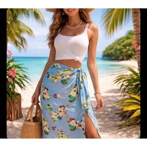 Disney Vintage Mickey Minnie Tropical Aloha Maxi Wrap Skirt Festive BohoBlue L